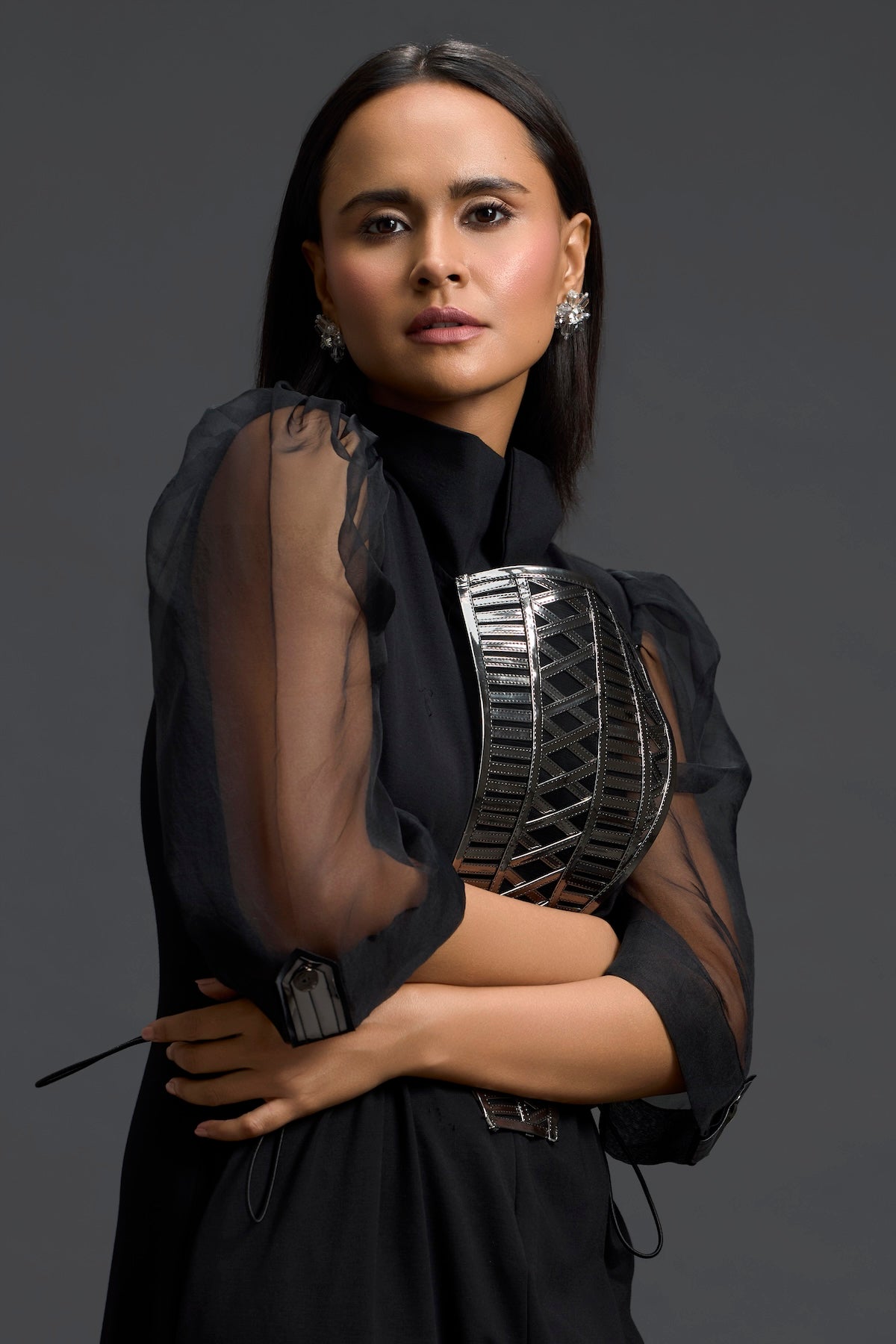 Black Organza Puff Sleeve Metallic Panel Jumpsuit