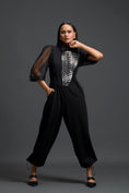 Load image into Gallery viewer, Black Organza Puff Sleeve Metallic Panel Jumpsuit
