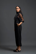 Load image into Gallery viewer, Black Organza Puff Sleeve Metallic Panel Jumpsuit

