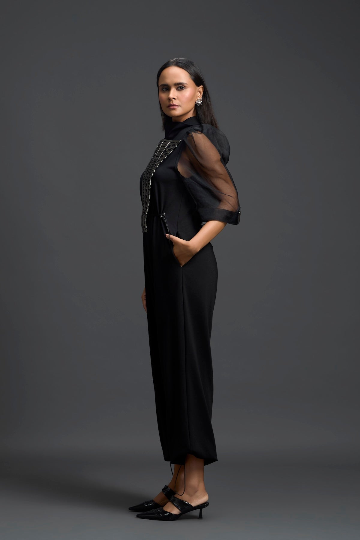 Black Organza Puff Sleeve Metallic Panel Jumpsuit