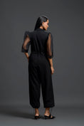 Load image into Gallery viewer, Black Organza Puff Sleeve Metallic Panel Jumpsuit
