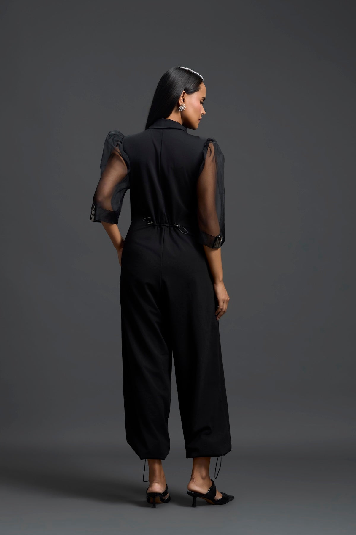 Black Organza Puff Sleeve Metallic Panel Jumpsuit