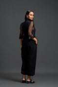 Load image into Gallery viewer, Black Organza Puff Sleeve Metallic Panel Jumpsuit
