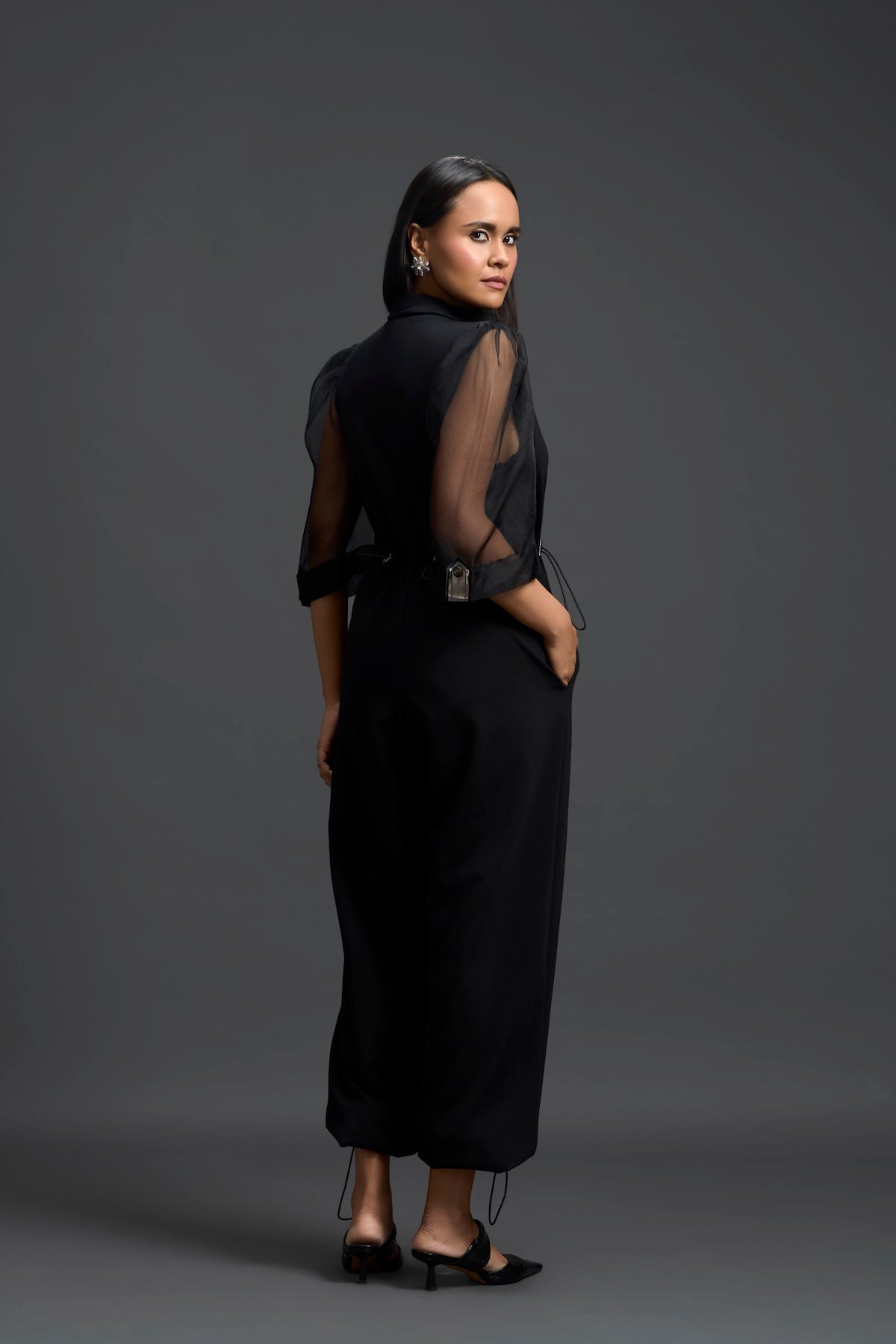 Black Organza Puff Sleeve Metallic Panel Jumpsuit