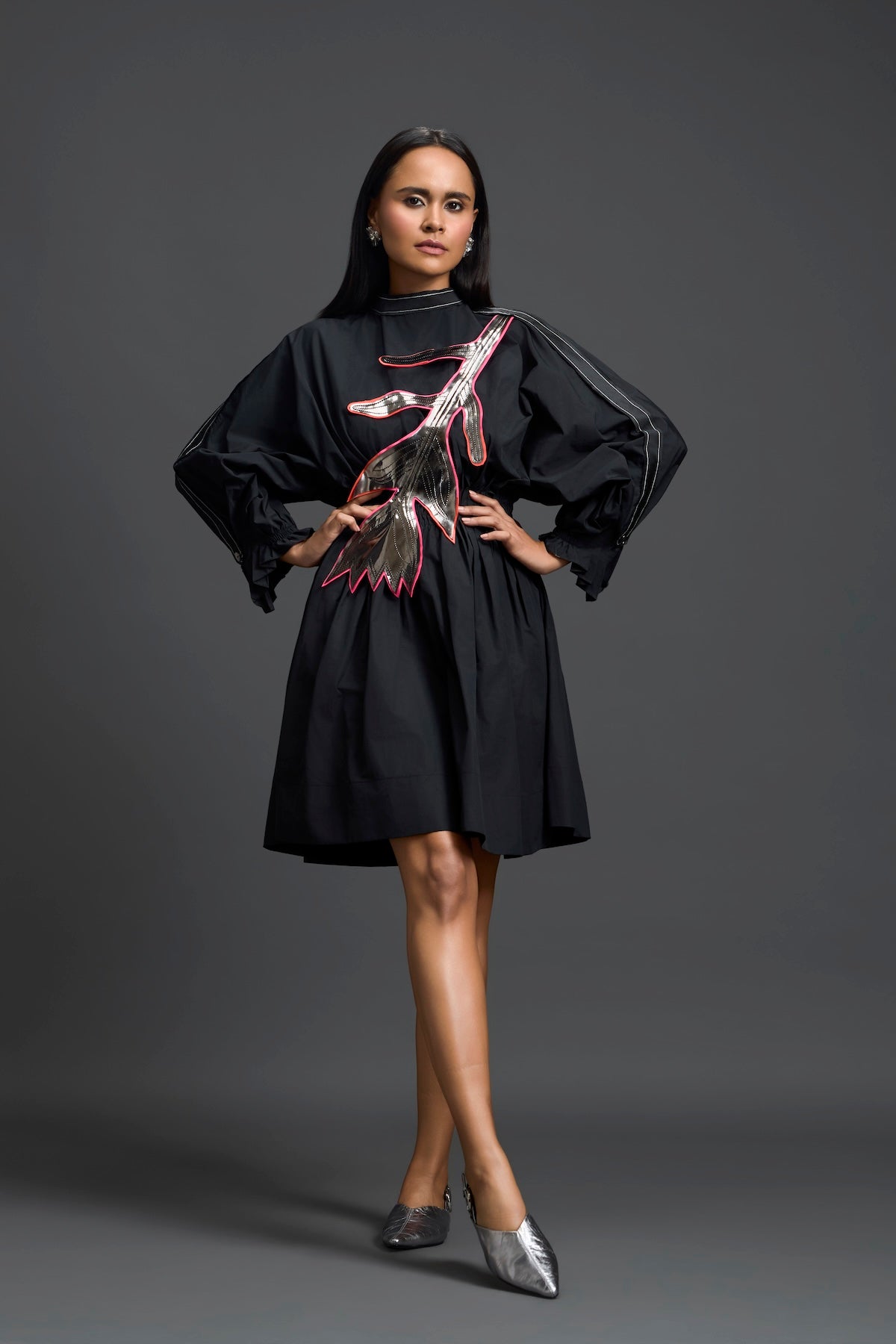 Black Gathered Dress with Metallic Patch
