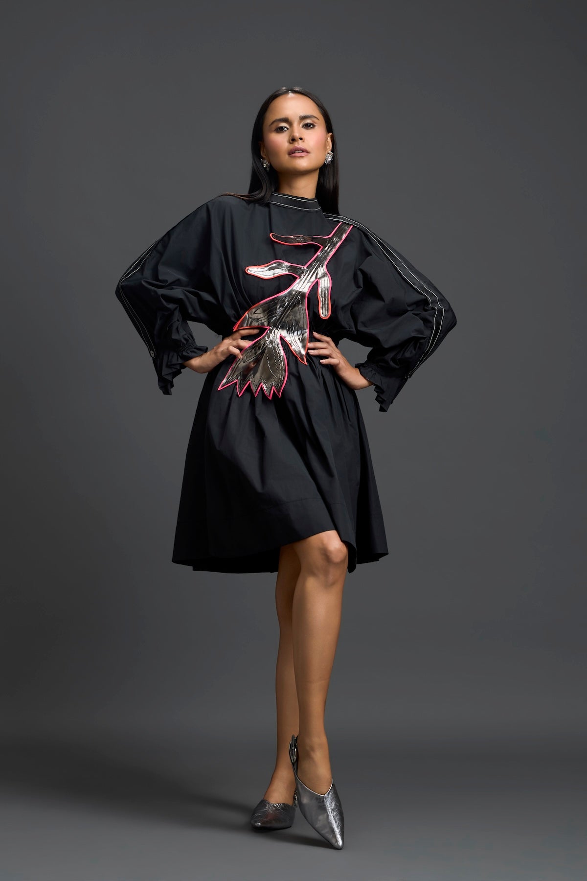 Black Gathered Dress with Metallic Patch