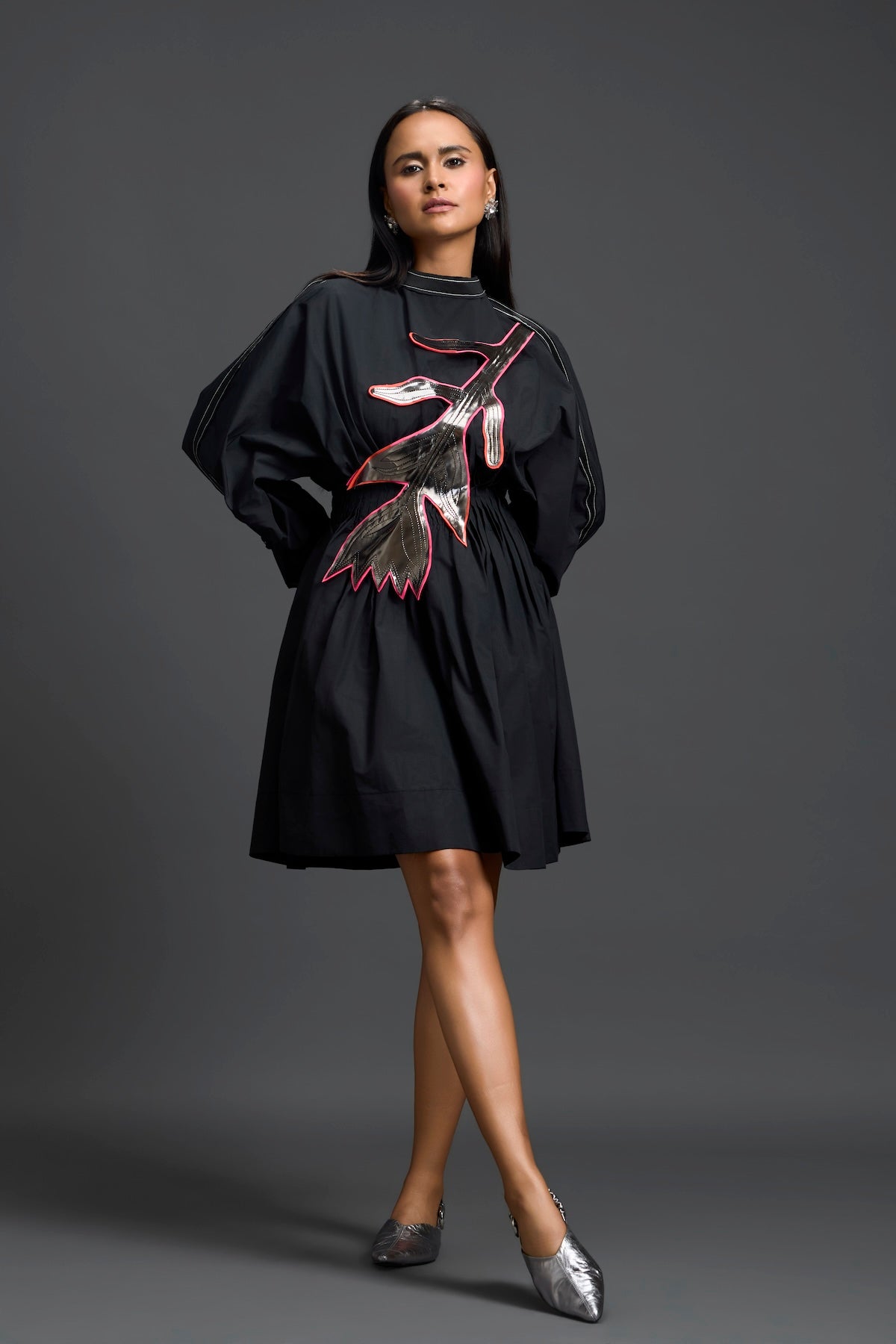 Black Gathered Dress with Metallic Patch