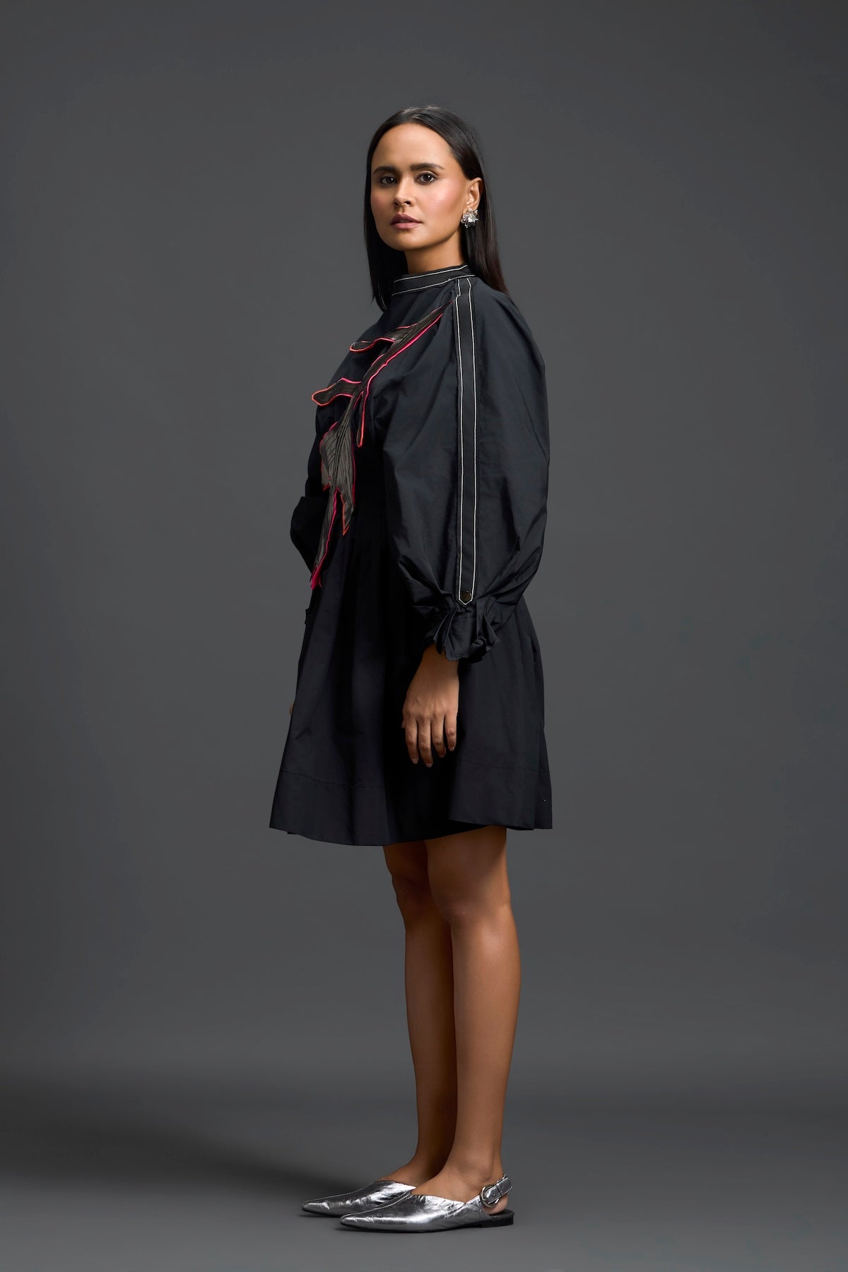 Black Gathered Dress with Metallic Patch