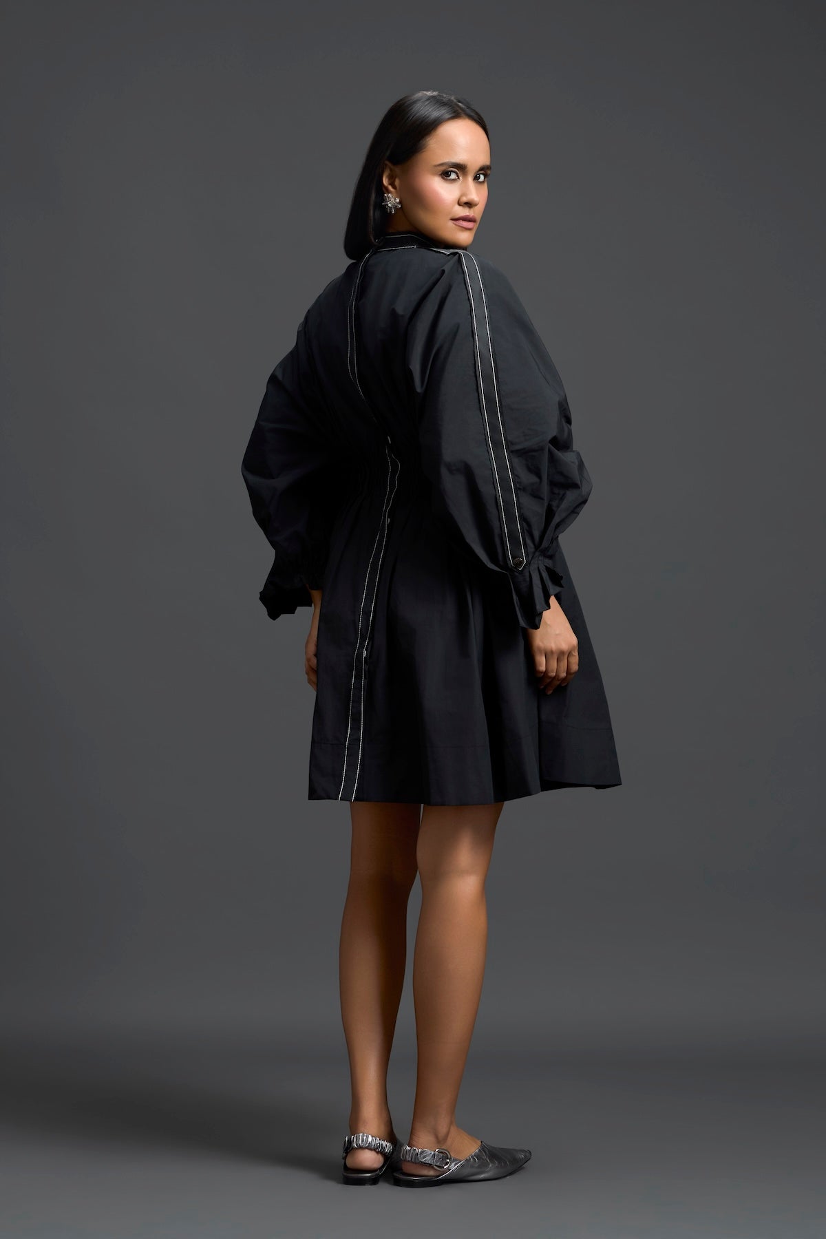 Black Gathered Dress with Metallic Patch