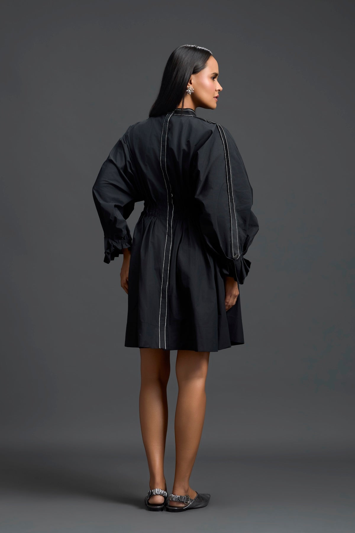 Black Gathered Dress with Metallic Patch