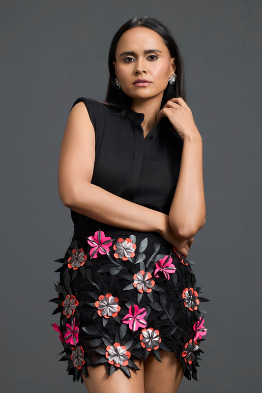 Black Sleeveless Top with 3D Floral Embroidered Skirt Set
