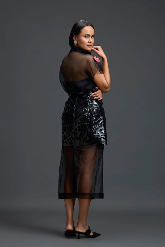 Black Laser-Cut Organza Panel Skirt