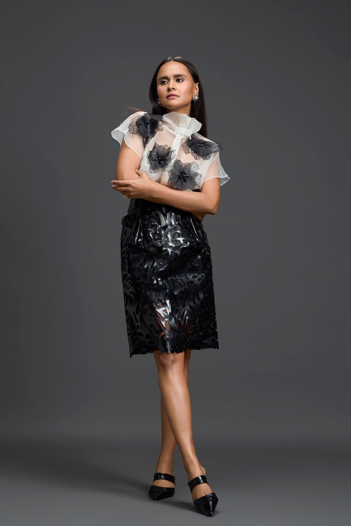 Monochrome Organza Top and Cutwork Skirt Set
