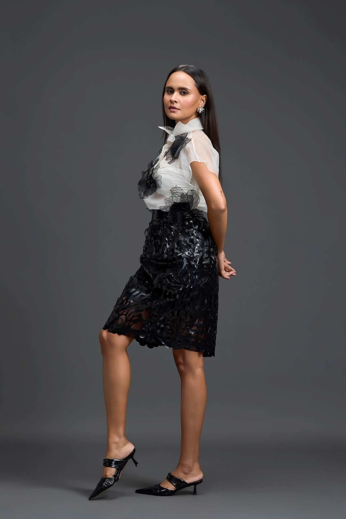 Monochrome Organza Top and Cutwork Skirt Set