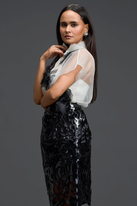 Monochrome Organza Top and Cutwork Skirt Set