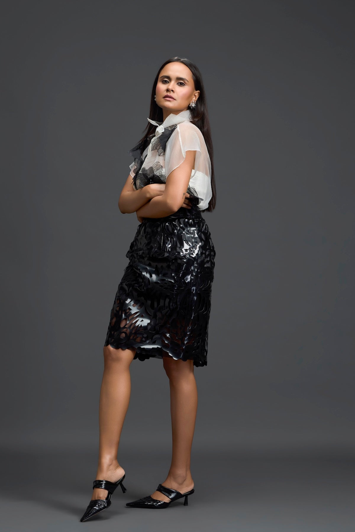 Monochrome Organza Top and Cutwork Skirt Set