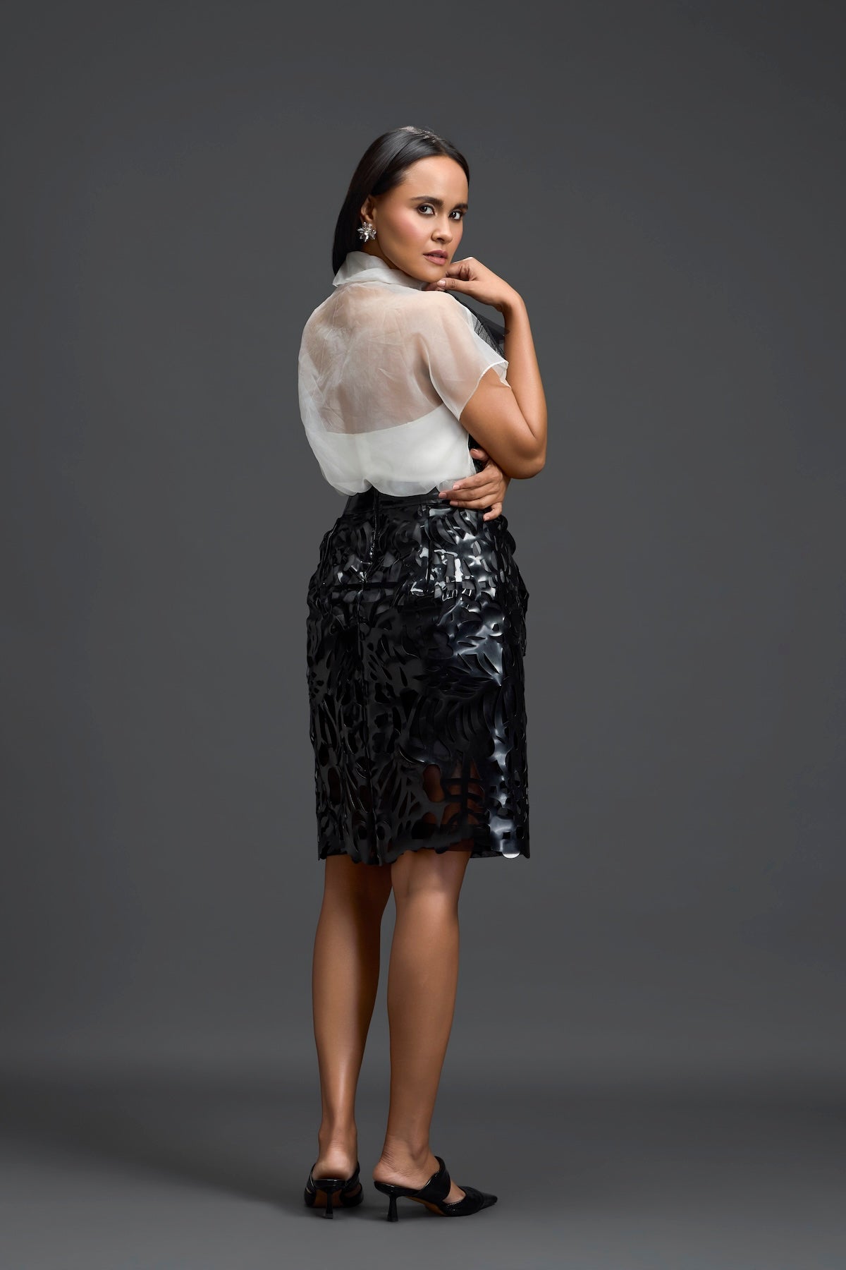 Monochrome Organza Top and Cutwork Skirt Set