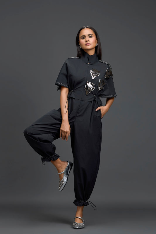 Black Metallic Floral Drawstring Jumpsuit