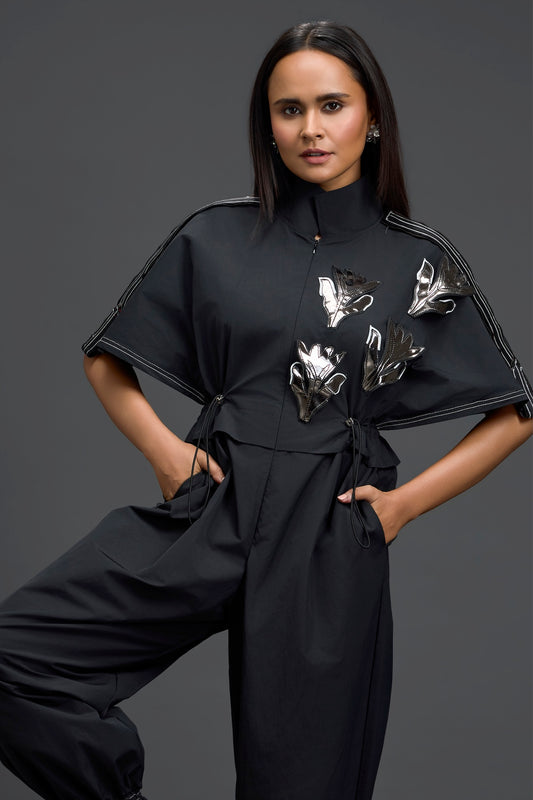 Black Metallic Floral Drawstring Jumpsuit