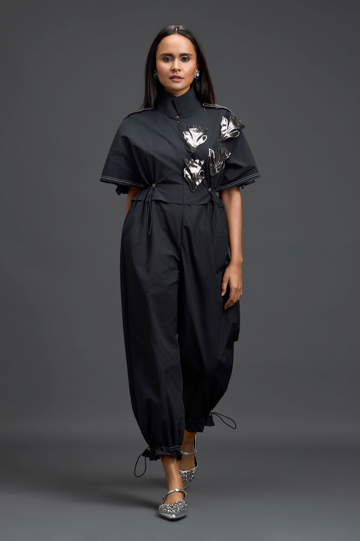 Black Metallic Floral Drawstring Jumpsuit