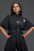 Load image into Gallery viewer, Black Metallic Floral Drawstring Jumpsuit
