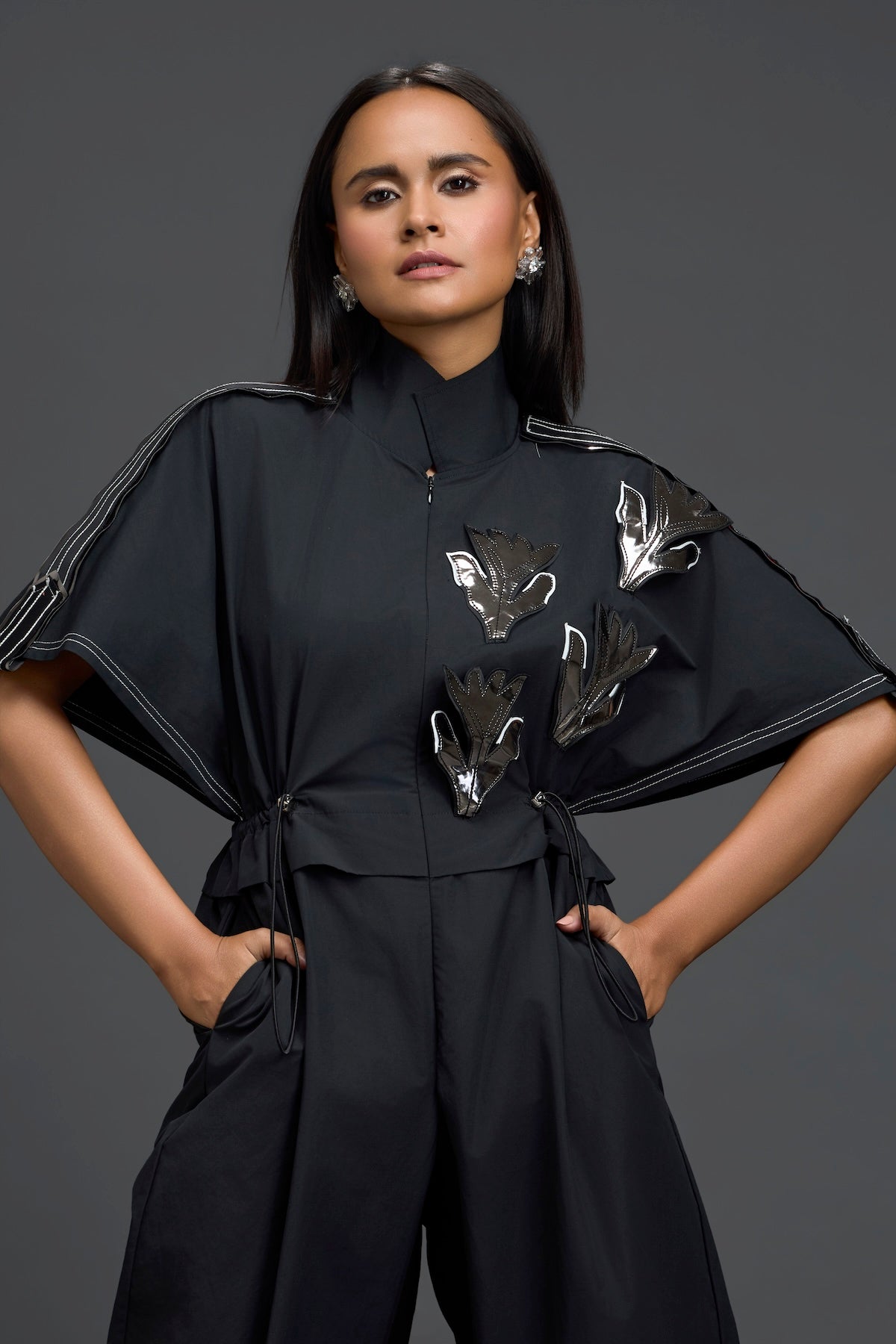 Black Metallic Floral Drawstring Jumpsuit