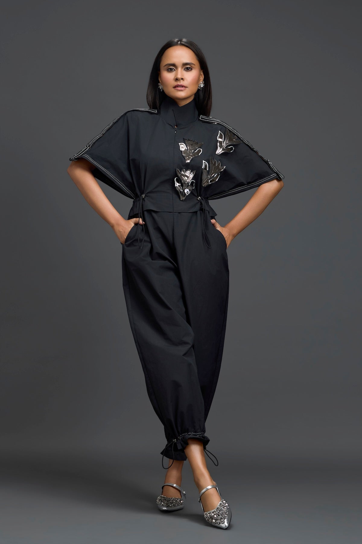 Black Metallic Floral Drawstring Jumpsuit