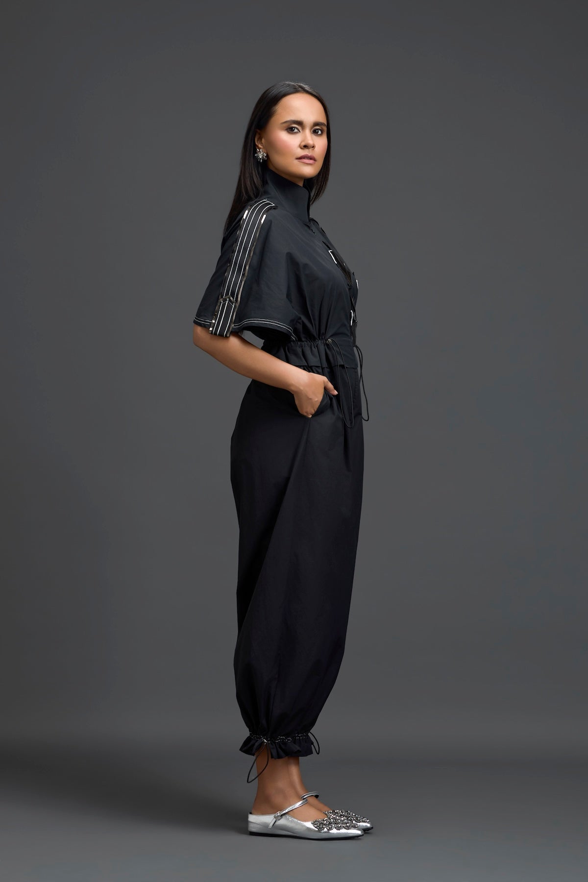 Black Metallic Floral Drawstring Jumpsuit