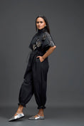Load image into Gallery viewer, Black Metallic Floral Drawstring Jumpsuit
