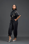 Load image into Gallery viewer, Black Metallic Floral Drawstring Jumpsuit
