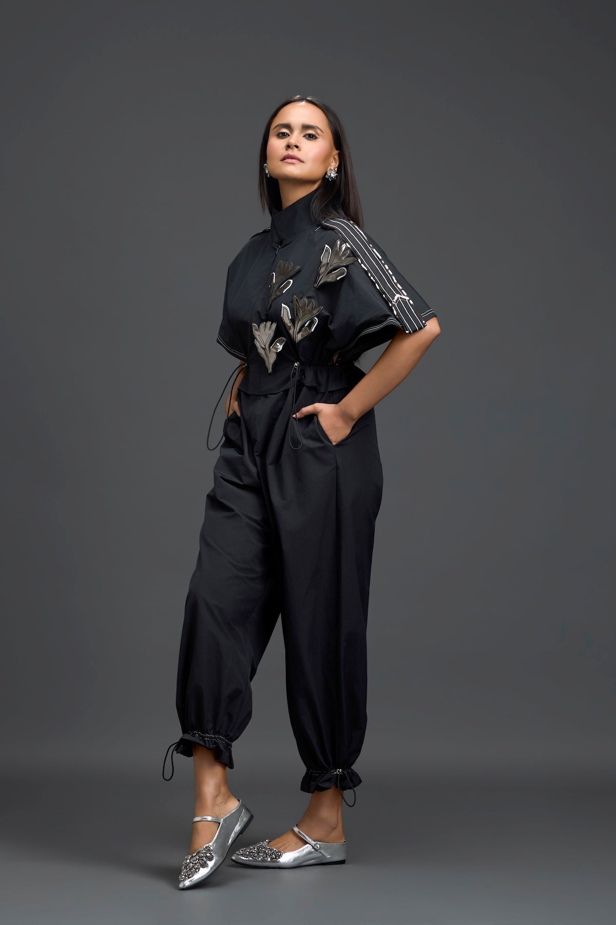 Black Metallic Floral Drawstring Jumpsuit