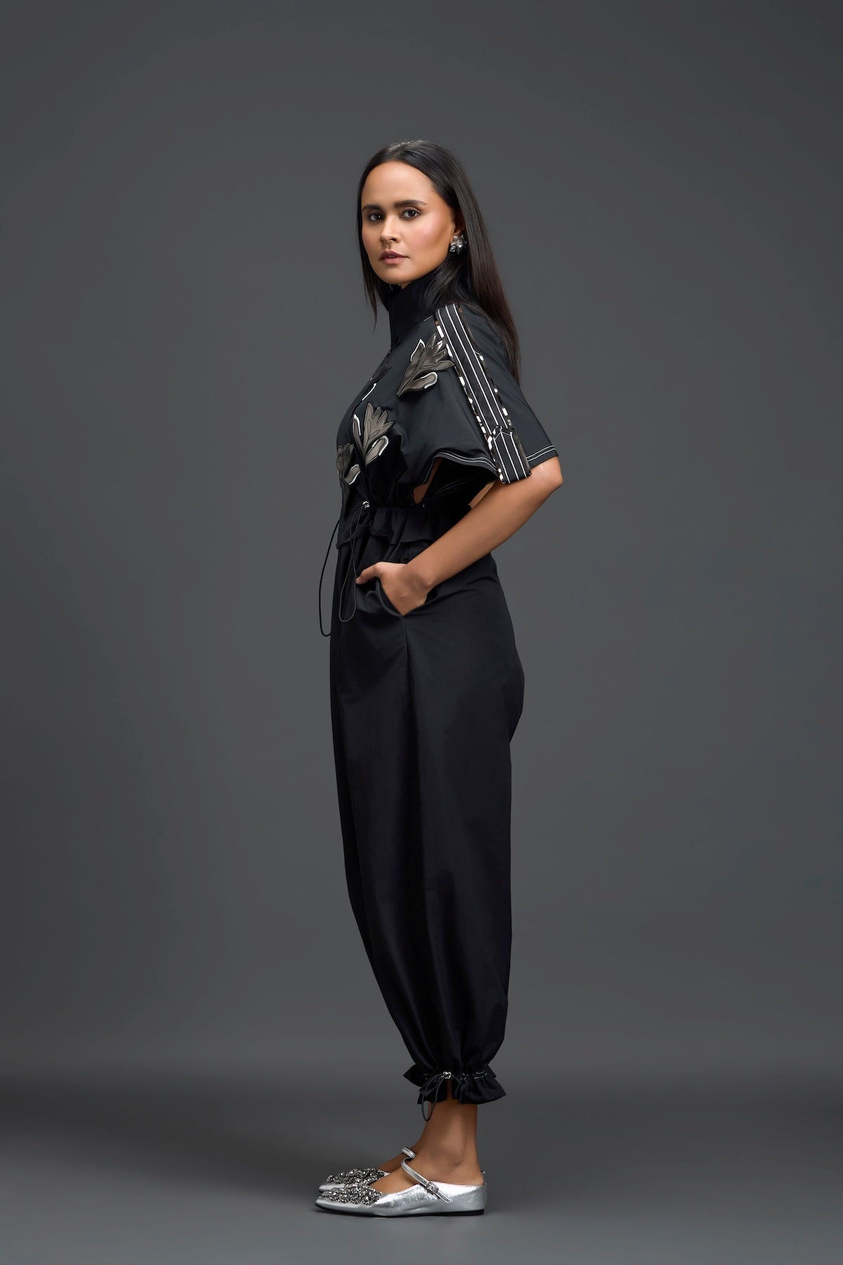 Black Metallic Floral Drawstring Jumpsuit
