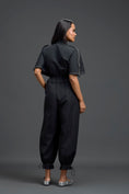 Load image into Gallery viewer, Black Metallic Floral Drawstring Jumpsuit
