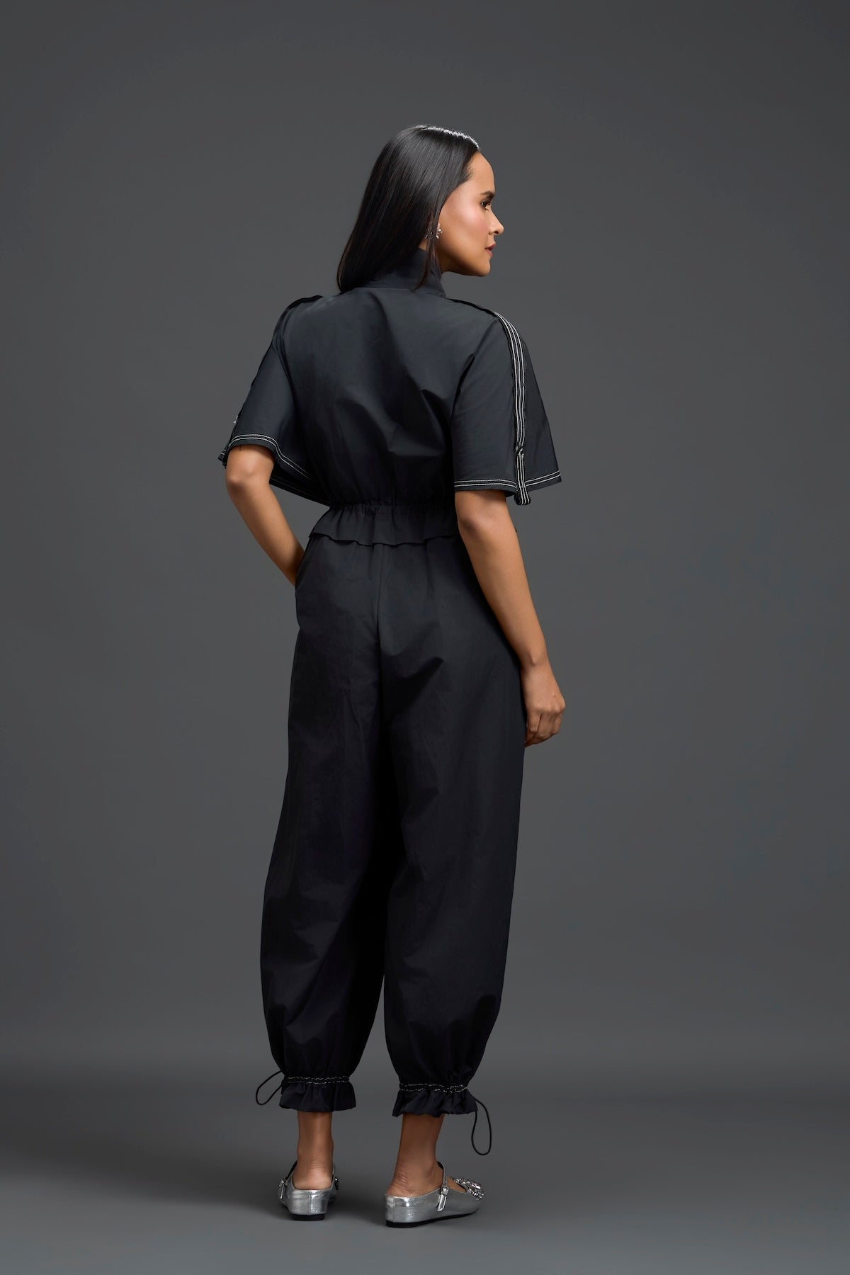 Black Metallic Floral Drawstring Jumpsuit