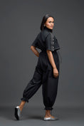 Load image into Gallery viewer, Black Metallic Floral Drawstring Jumpsuit
