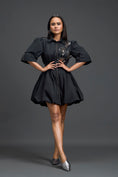 Load image into Gallery viewer, Black Metallic Floral Puff Sleeve Bubble Dress
