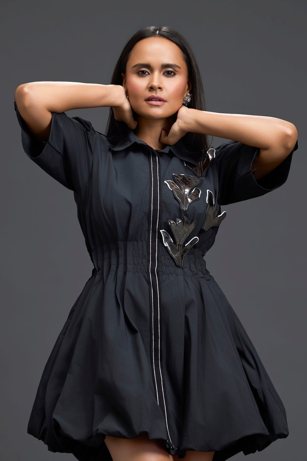 Black Metallic Floral Puff Sleeve Bubble Dress