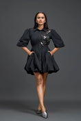 Load image into Gallery viewer, Black Metallic Floral Puff Sleeve Bubble Dress
