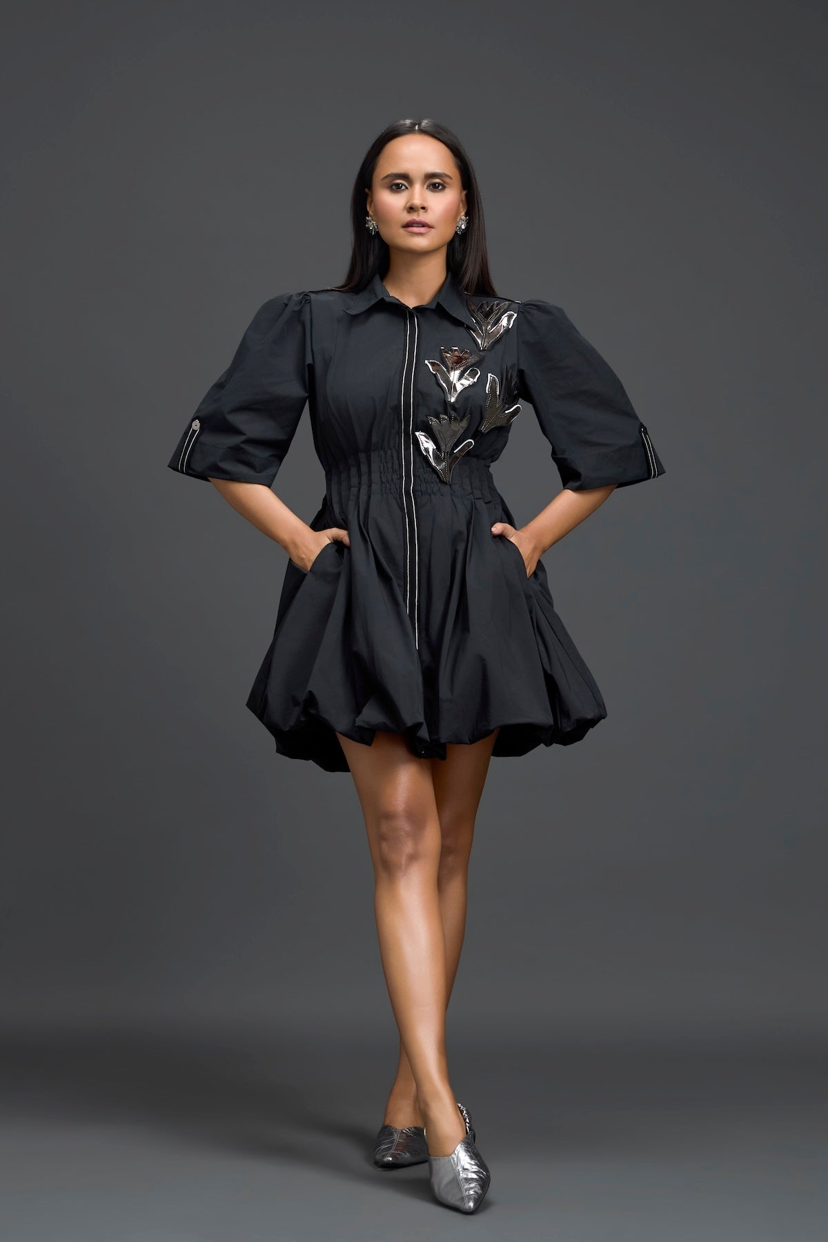 Black Metallic Floral Puff Sleeve Bubble Dress
