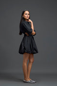 Load image into Gallery viewer, Black Metallic Floral Puff Sleeve Bubble Dress
