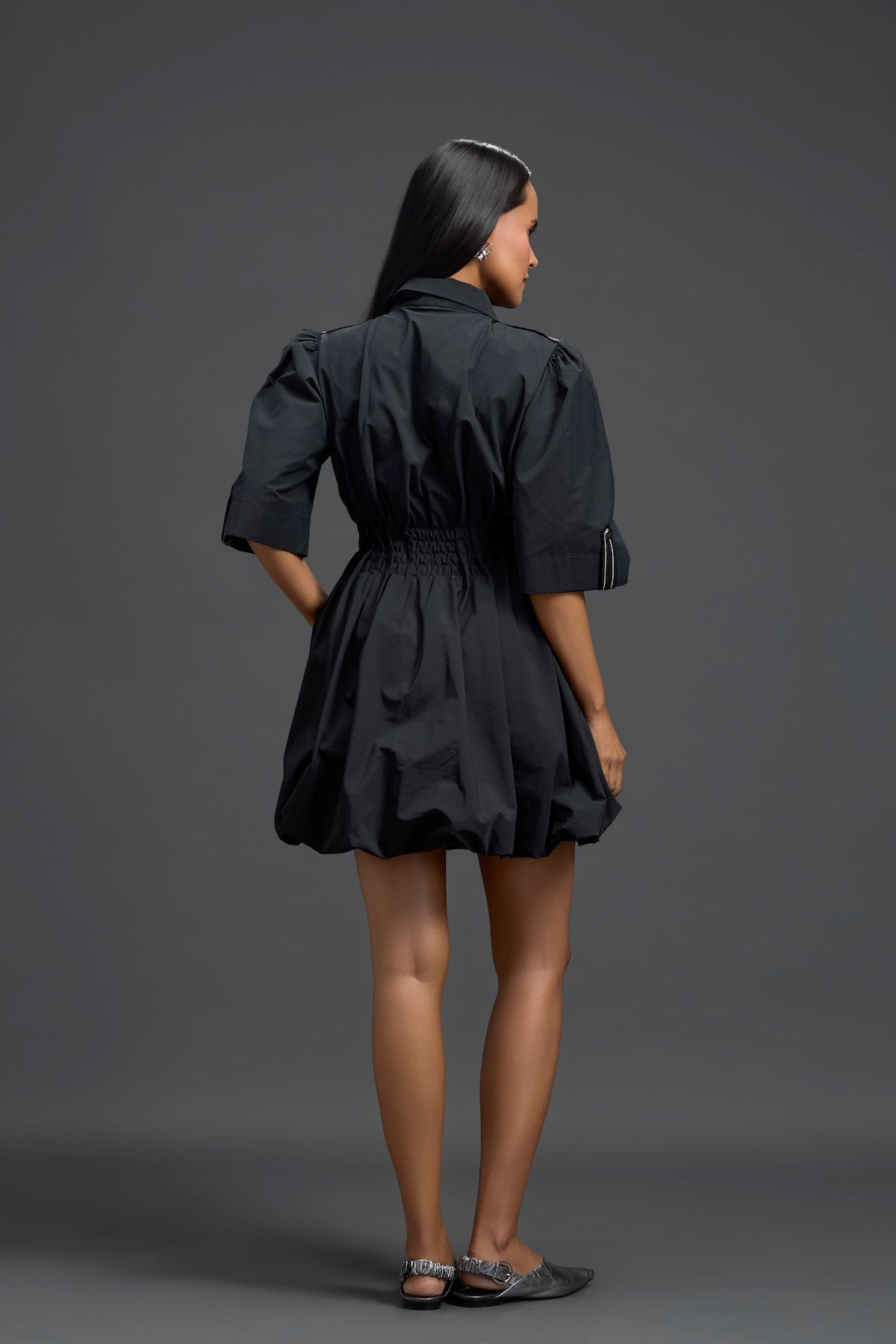 Black Metallic Floral Puff Sleeve Bubble Dress