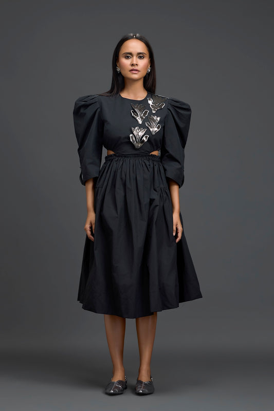 Black Open-Back Floral Puff Sleeve Midi Dress
