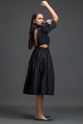 Load image into Gallery viewer, Black Open-Back Floral Puff Sleeve Midi Dress
