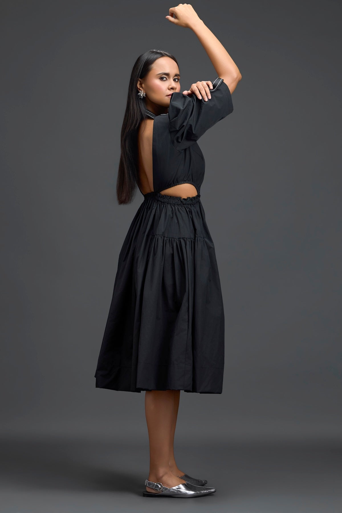 Black Open-Back Floral Puff Sleeve Midi Dress