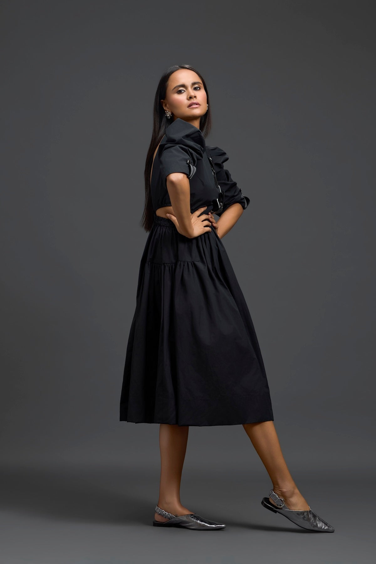 Black Open-Back Floral Puff Sleeve Midi Dress