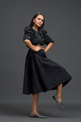 Load image into Gallery viewer, Black Open-Back Floral Puff Sleeve Midi Dress
