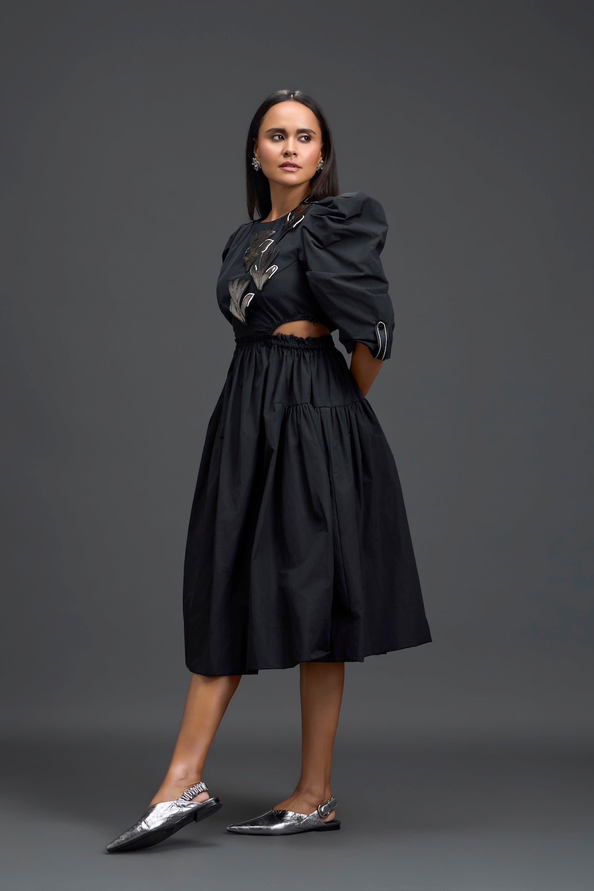 Black Open-Back Floral Puff Sleeve Midi Dress