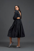 Load image into Gallery viewer, Black Open-Back Floral Puff Sleeve Midi Dress
