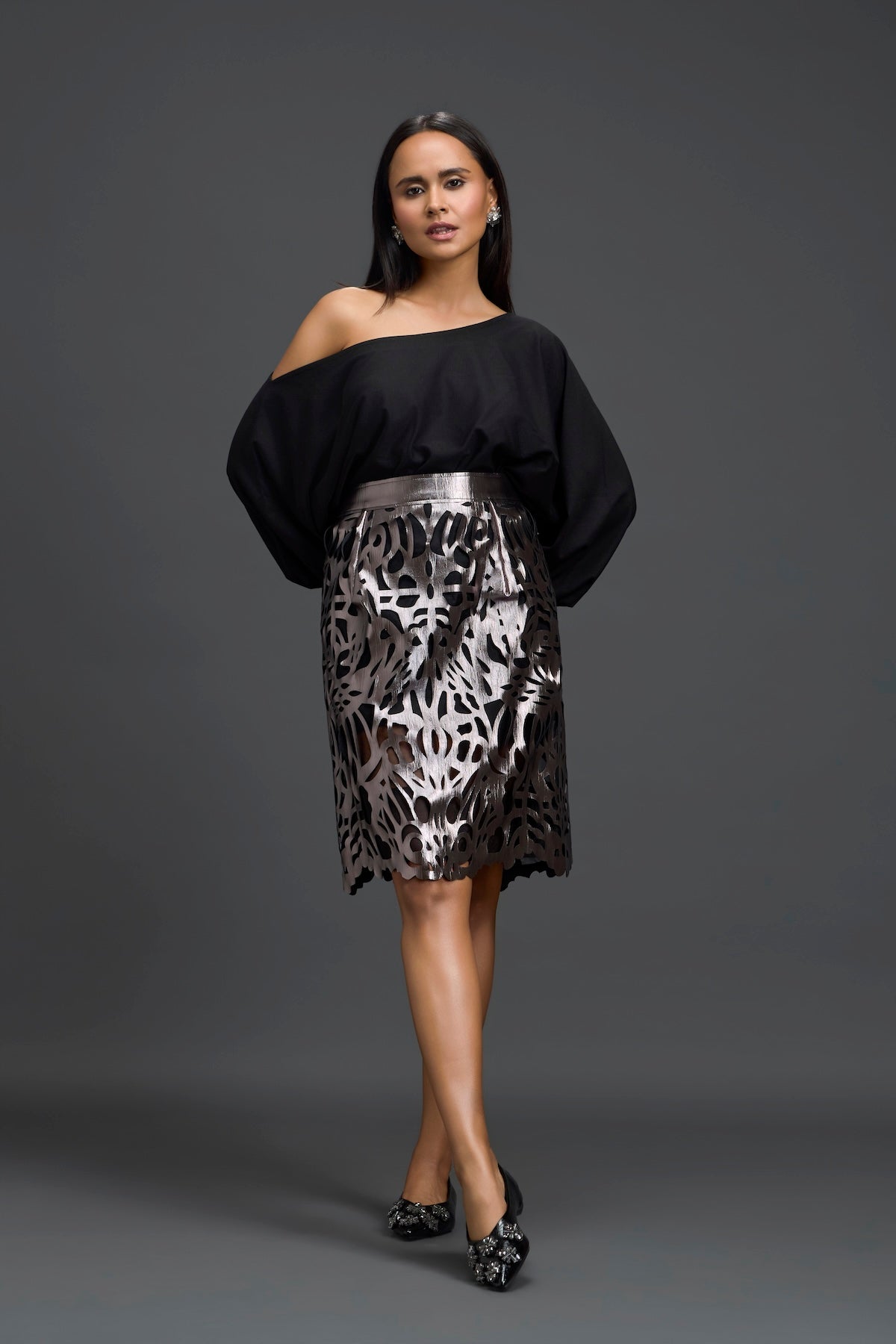 Gunmetal Laser Cutwork Skirt