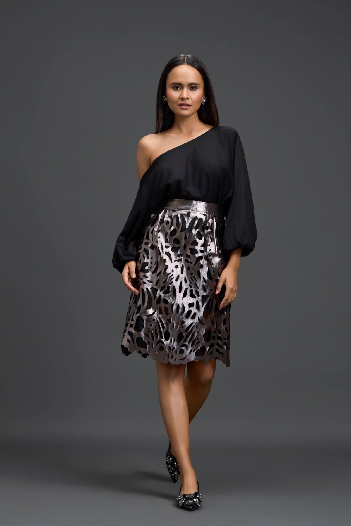 Gunmetal Laser Cutwork Skirt